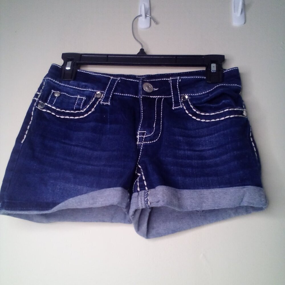 Knox Rose Shorts Women 2 Midi Short Button Pocket Large Stitching Roll Hem Blue